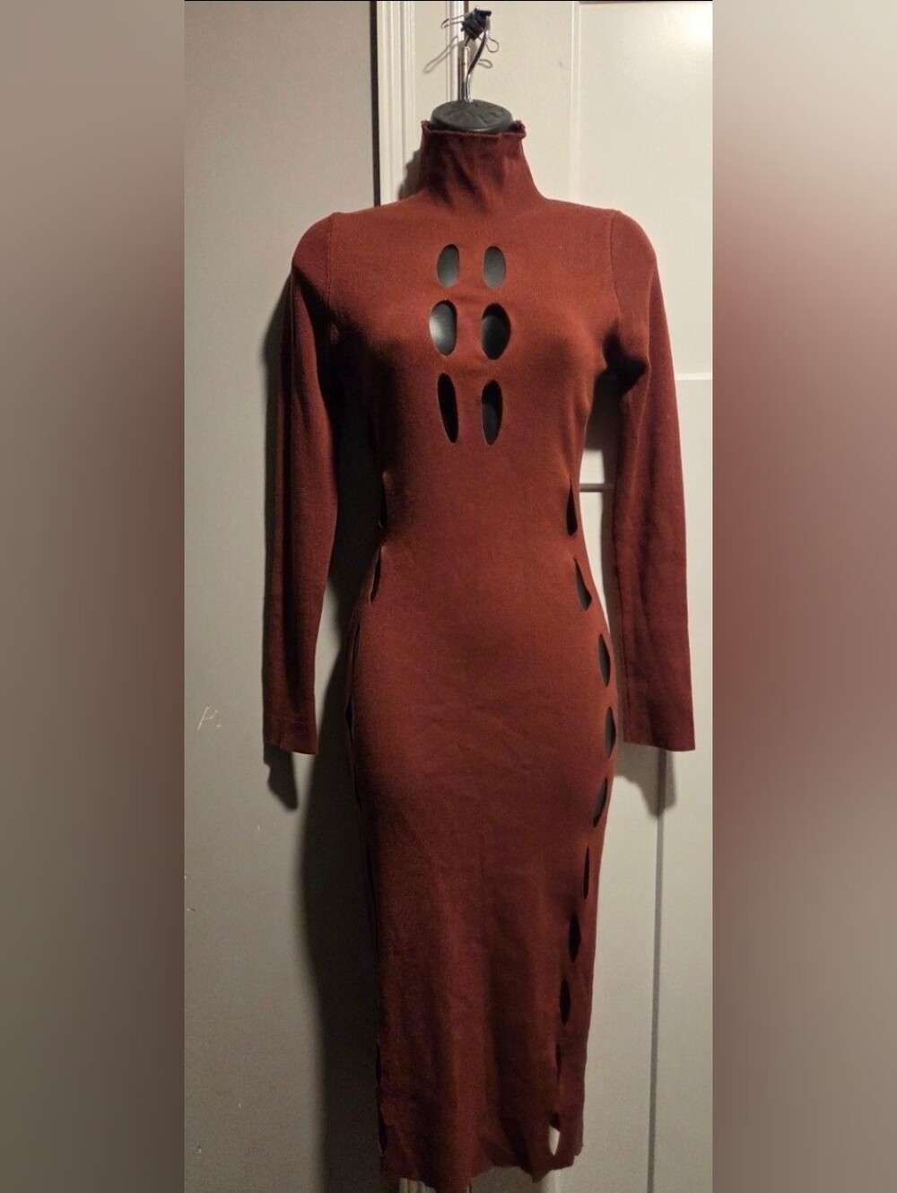 Hera Collection Rust Long-Sleeve Cutout Turtleneck Midi Dress